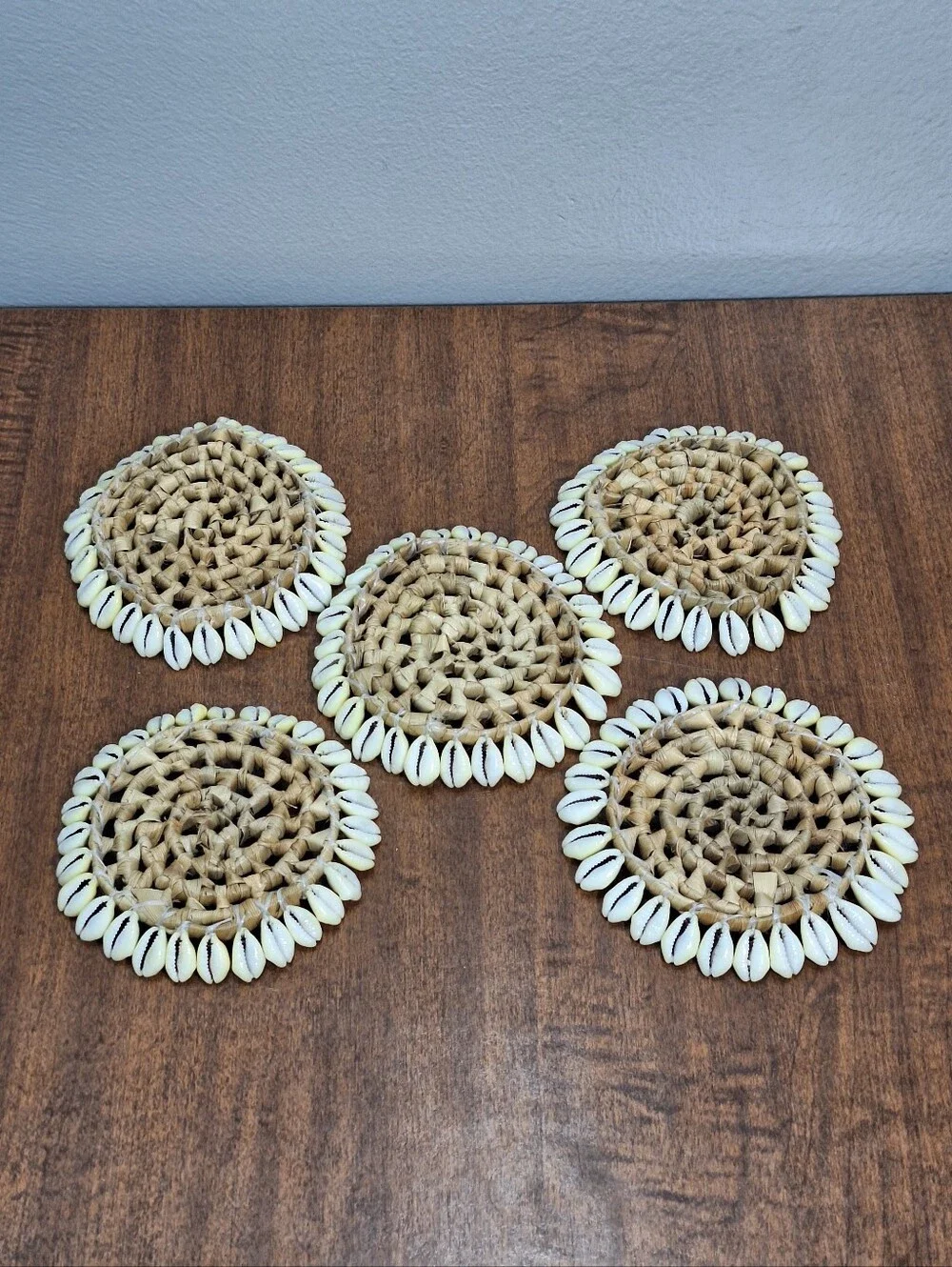 Set Of 5 Woven Straw Cowrie Sea Shell Coasters In Storage Basket Tiki Beach Bar